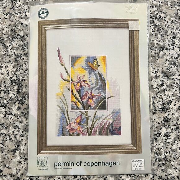 Permin of Copenhagen Iris Flowers Butterfly Cross Stitch Kit 8x11 12-3196 - Picture 1 of 1
